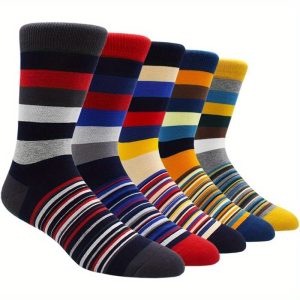 5 Pairs of Vibrant Mens Striped Crew Socks