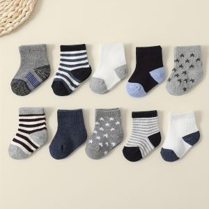 10pcs Boys' Striped & Star Crew Socks