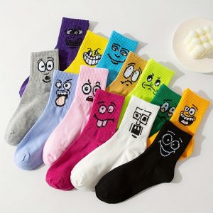 10 Pairs of Vibrant Emoticon Cartoon Crew Socks for Teenagers