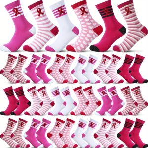 36 Pairs Breast Cancer Awareness Socks Pink Ribbon Sport Sock Breast Cancer Socks For Women, 6 Styles